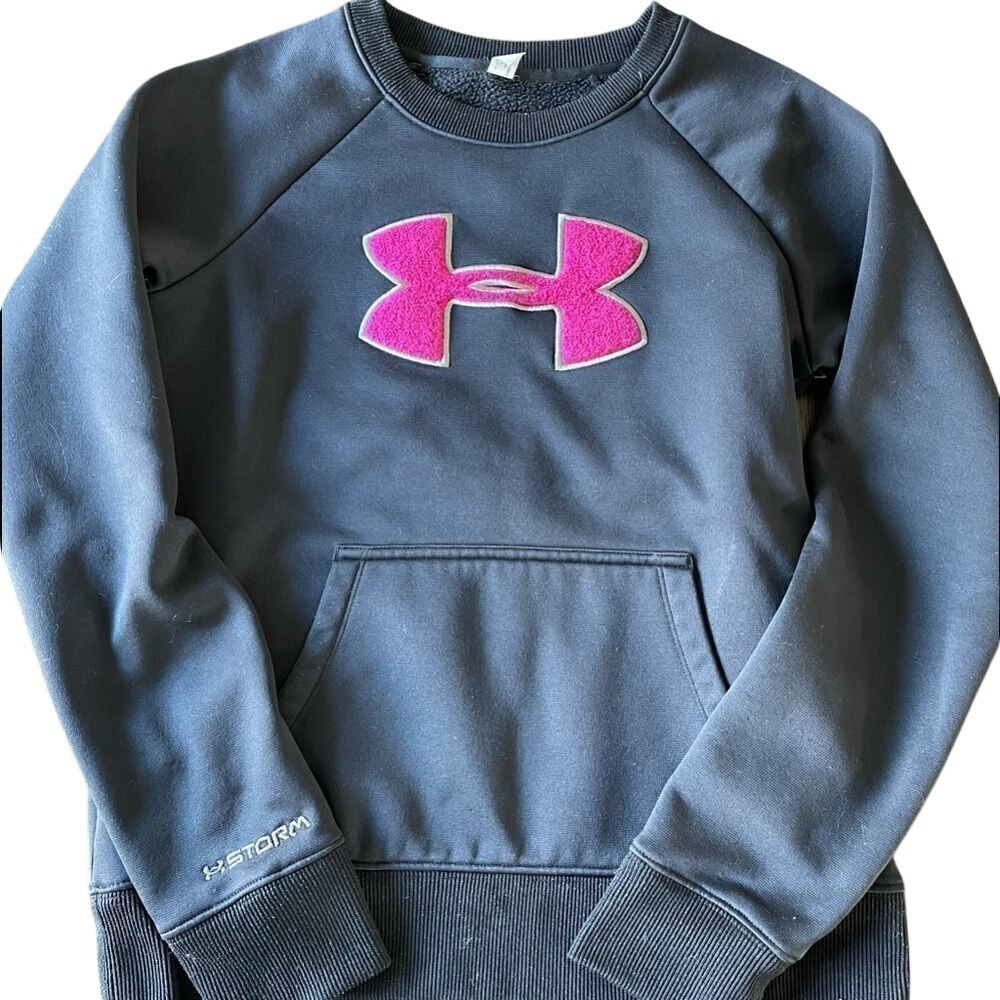 Under Armour Sweatshirt Womens Black Pink‎ Storm Pullover Fleece Big Logo Hoodie